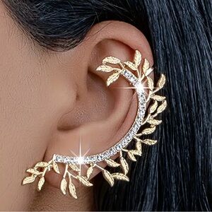 Gold Rhinestone Leaf Ear Cuff – Elegant Fairy Style, Party Jewelry for Women
